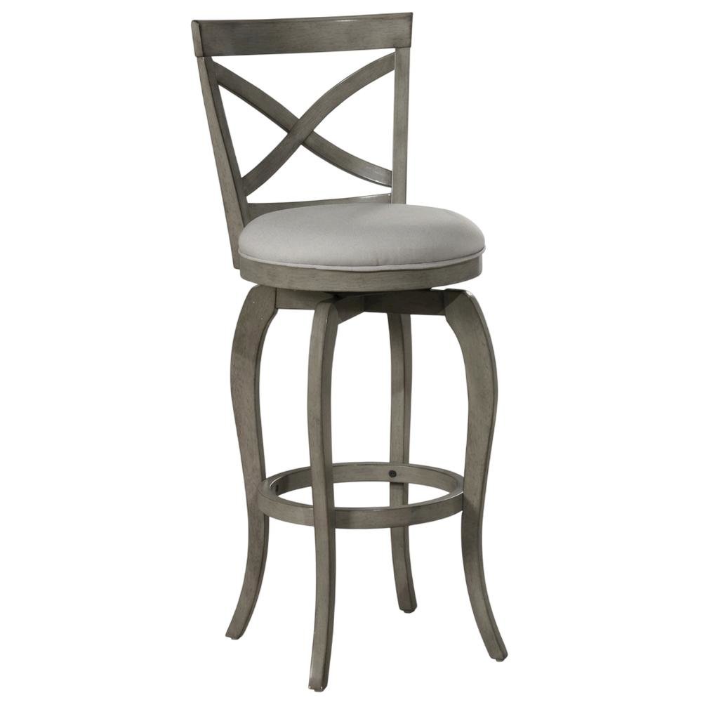 Aged Gray Fabric Counter Stool with High Back and Footrest. Picture 1