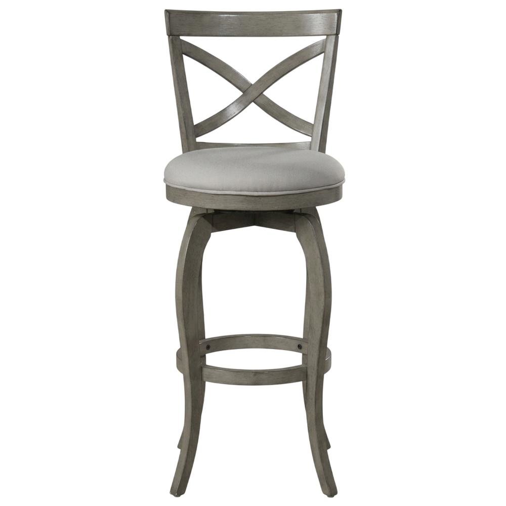 Aged Gray Fabric Counter Stool with High Back and Footrest. Picture 3