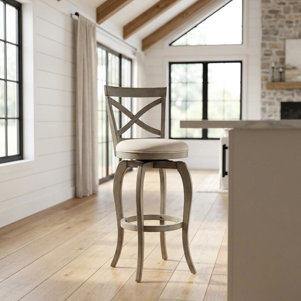 Aged Gray Fabric Counter Stool with High Back and Footrest. Picture 8