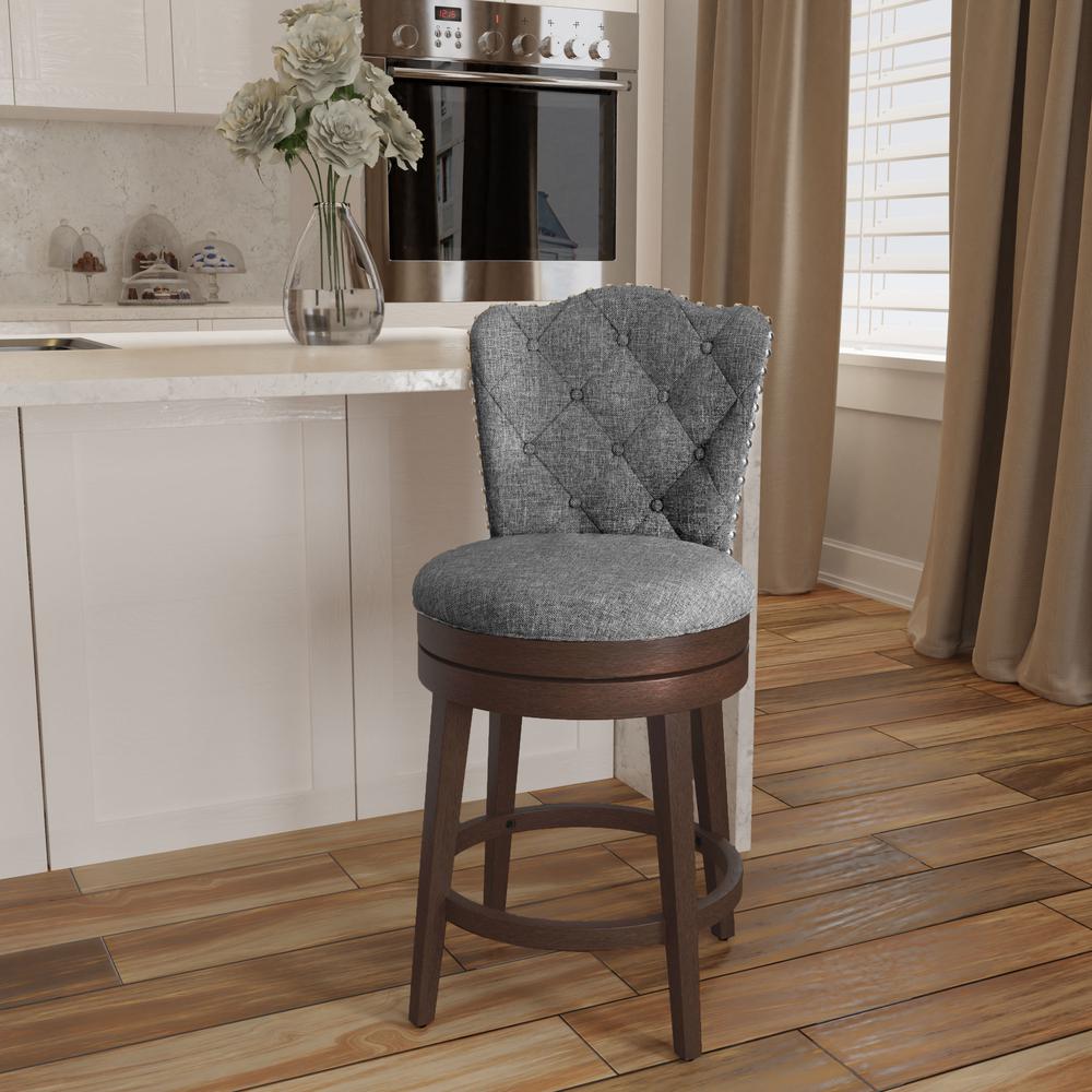 Edenwood Wood Counter Height Swivel Stool, Chocolate with Smoke Gray Fabric. Picture 2
