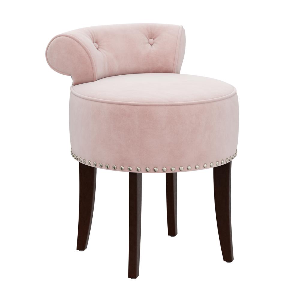 Lena Wood and Upholstered Vanity Stool, Espresso with Pink Fabric. Picture 1