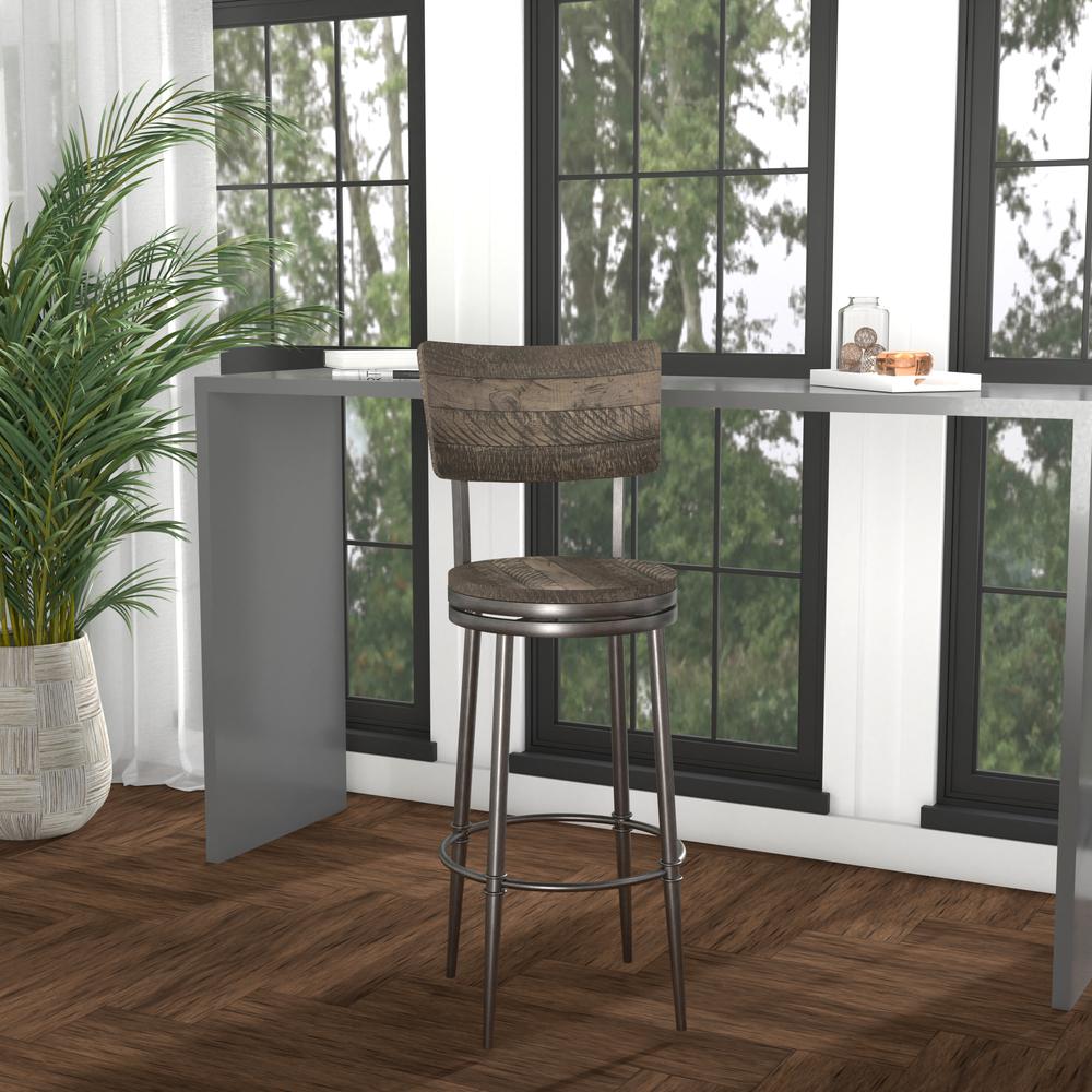 Wood and Metal Bar Height Swivel Stool, Rubbed Pewter Metal. Picture 2