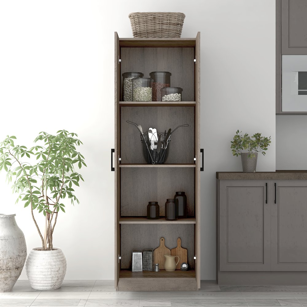 Small Wood Kitchen Pantry with 2 Doors and 4 Shelves, Gray Oak. Picture 3