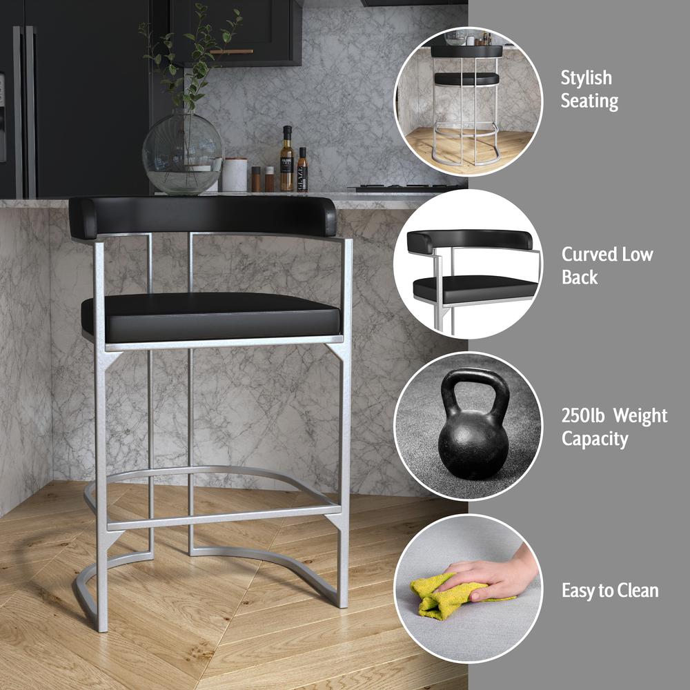 Half Moon Shape Metal and Upholstered Back Counter Height Stool, Silver. Picture 6