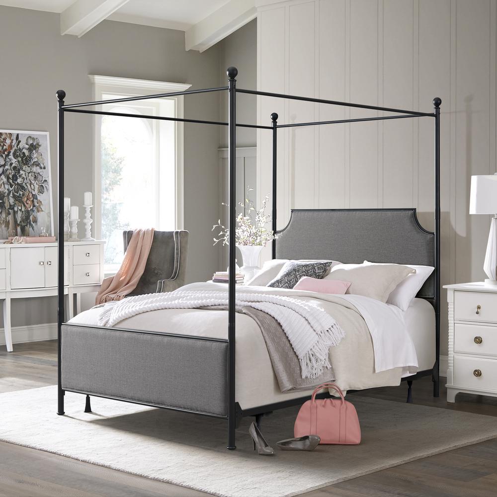 McArthur Queen Metal and Upholstered Canopy Bed, Matte Black with Gray Fabric. Picture 2