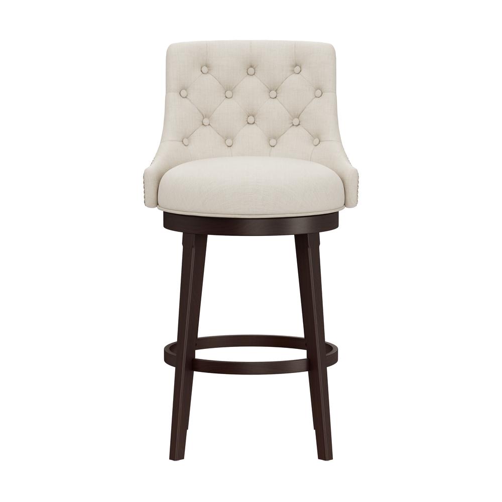 Halbrooke Wood Bar Height Swivel Stool, Cream Fabric. Picture 2