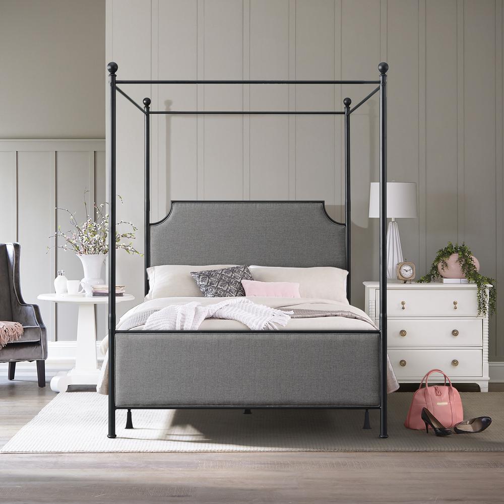 McArthur Queen Metal and Upholstered Canopy Bed, Matte Black with Gray Fabric. Picture 3