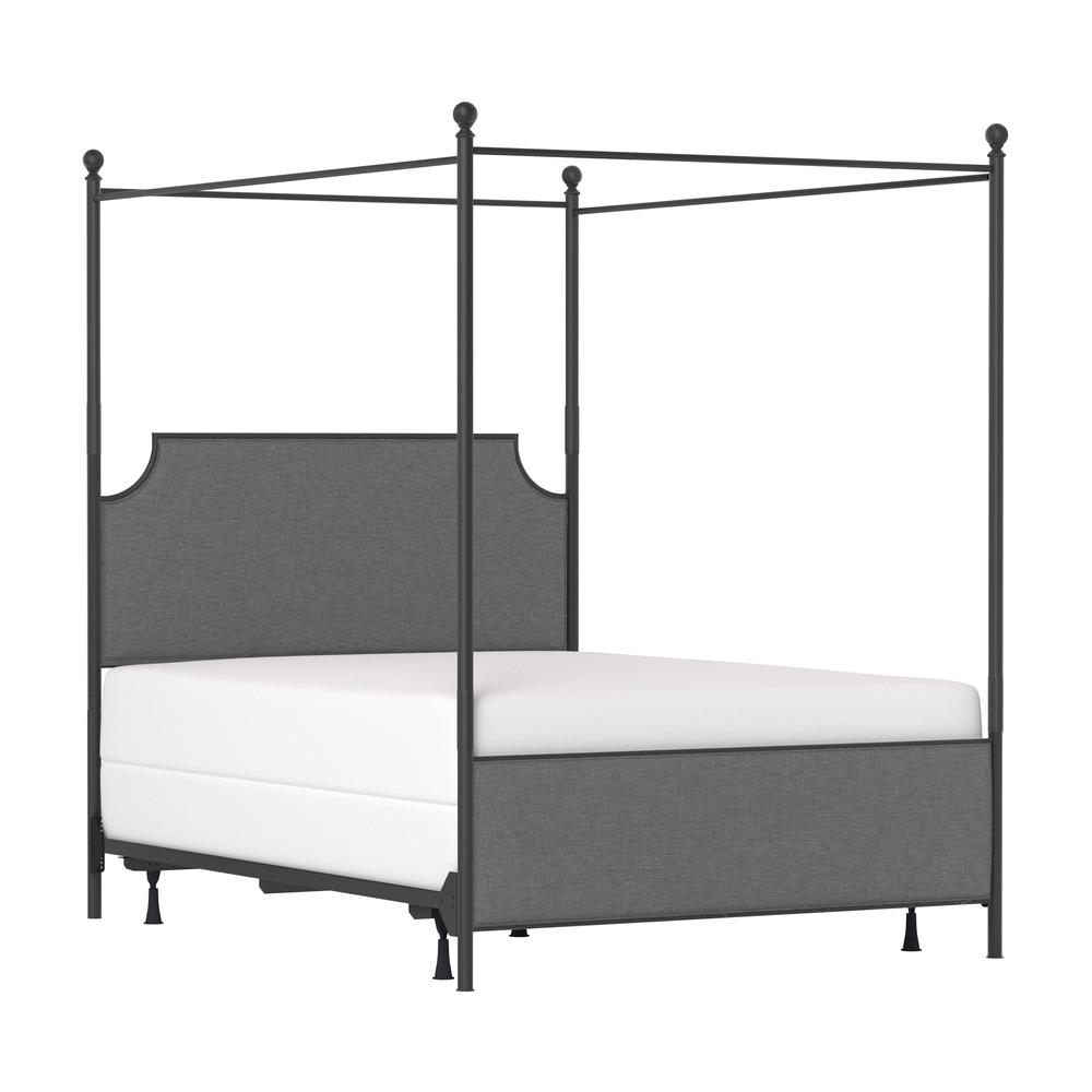 McArthur Queen Metal and Upholstered Canopy Bed, Matte Black with Gray Fabric. Picture 1