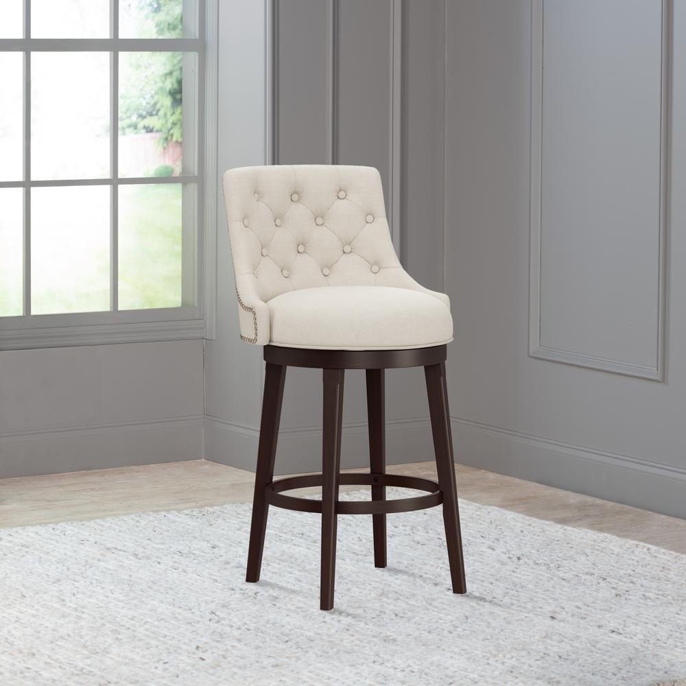 Halbrooke Wood Bar Height Swivel Stool, Cream Fabric. Picture 10