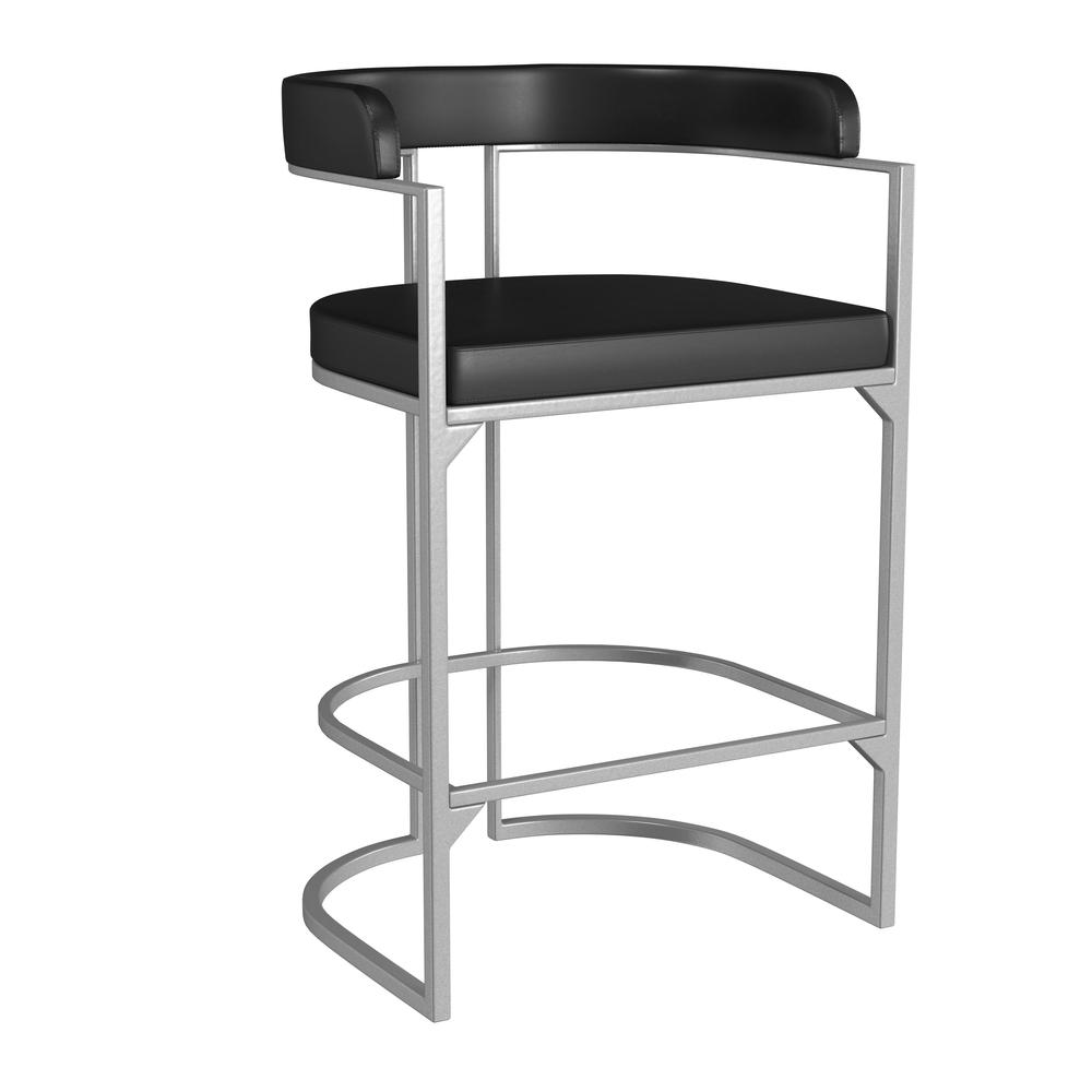 Half Moon Shape Metal and Upholstered Back Counter Height Stool, Silver. Picture 1