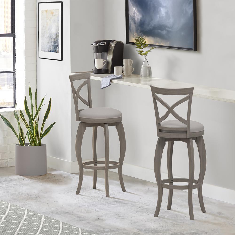 Ellendale Wood Bar Height Swivel Stool, Aged Gray with Fog Gray Fabric. Picture 2