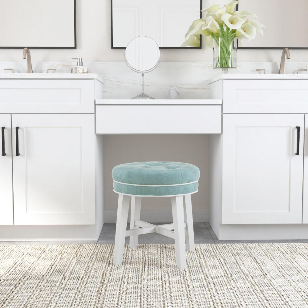 Sophia Tufted Backless Vanity Stool, White with Spa Blue Fabric. Picture 10
