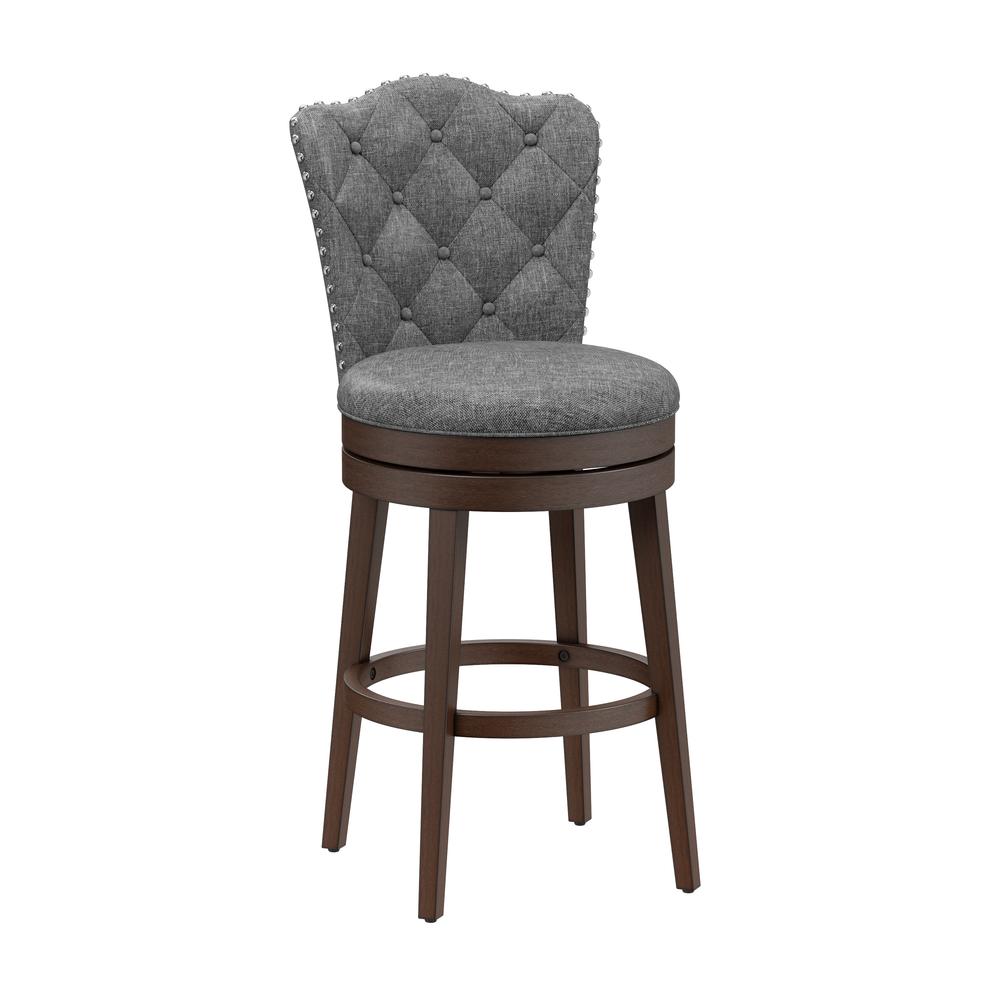Dark brown Wood Swivel Bar Stool with Round Seat and Arch Back Design. Picture 1