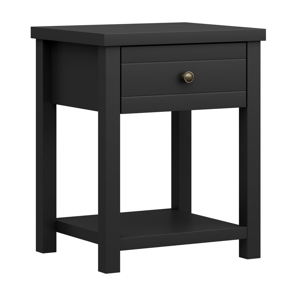 Matte Black Nightstand Wooden Side Table with Drawer and Lower Shelf. Picture 1