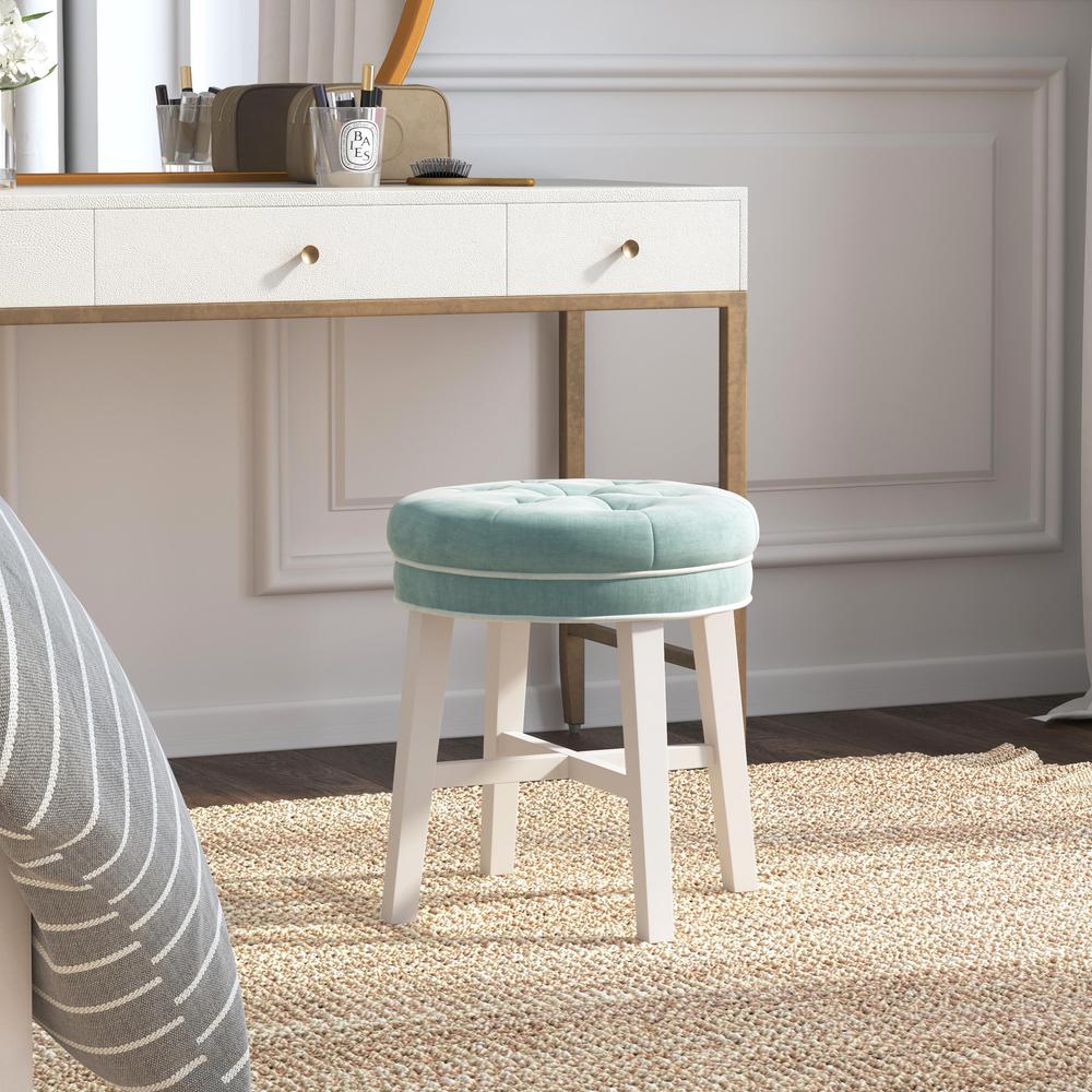 Sophia Tufted Backless Vanity Stool, White with Spa Blue Fabric. Picture 9