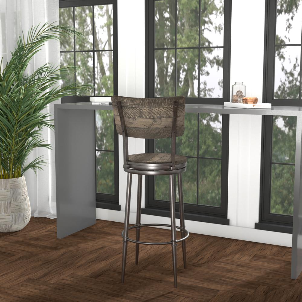 Wood and Metal Bar Height Swivel Stool, Rubbed Pewter Metal. Picture 3