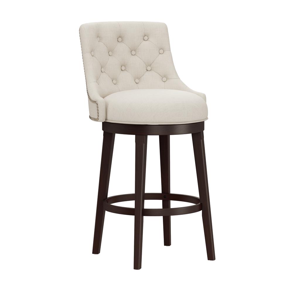 Halbrooke Wood Bar Height Swivel Stool, Cream Fabric. Picture 1