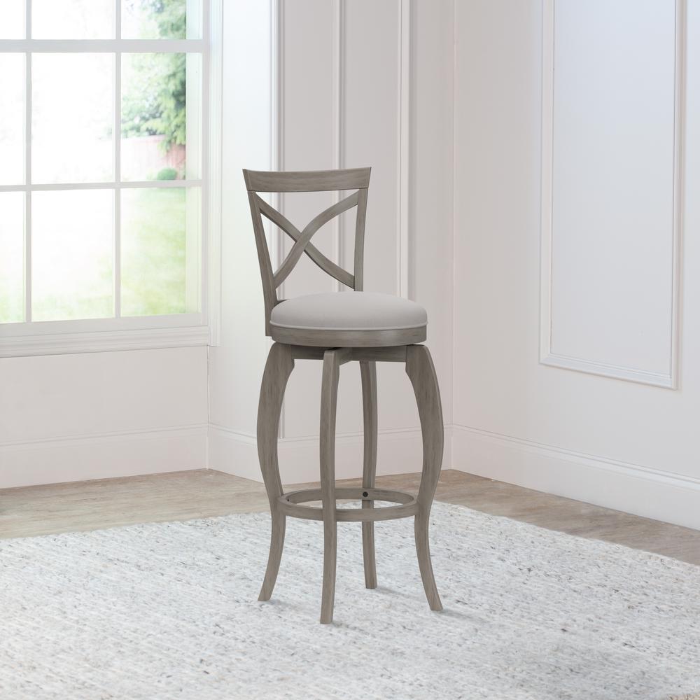 Ellendale Wood Bar Height Swivel Stool, Aged Gray with Fog Gray Fabric. Picture 3