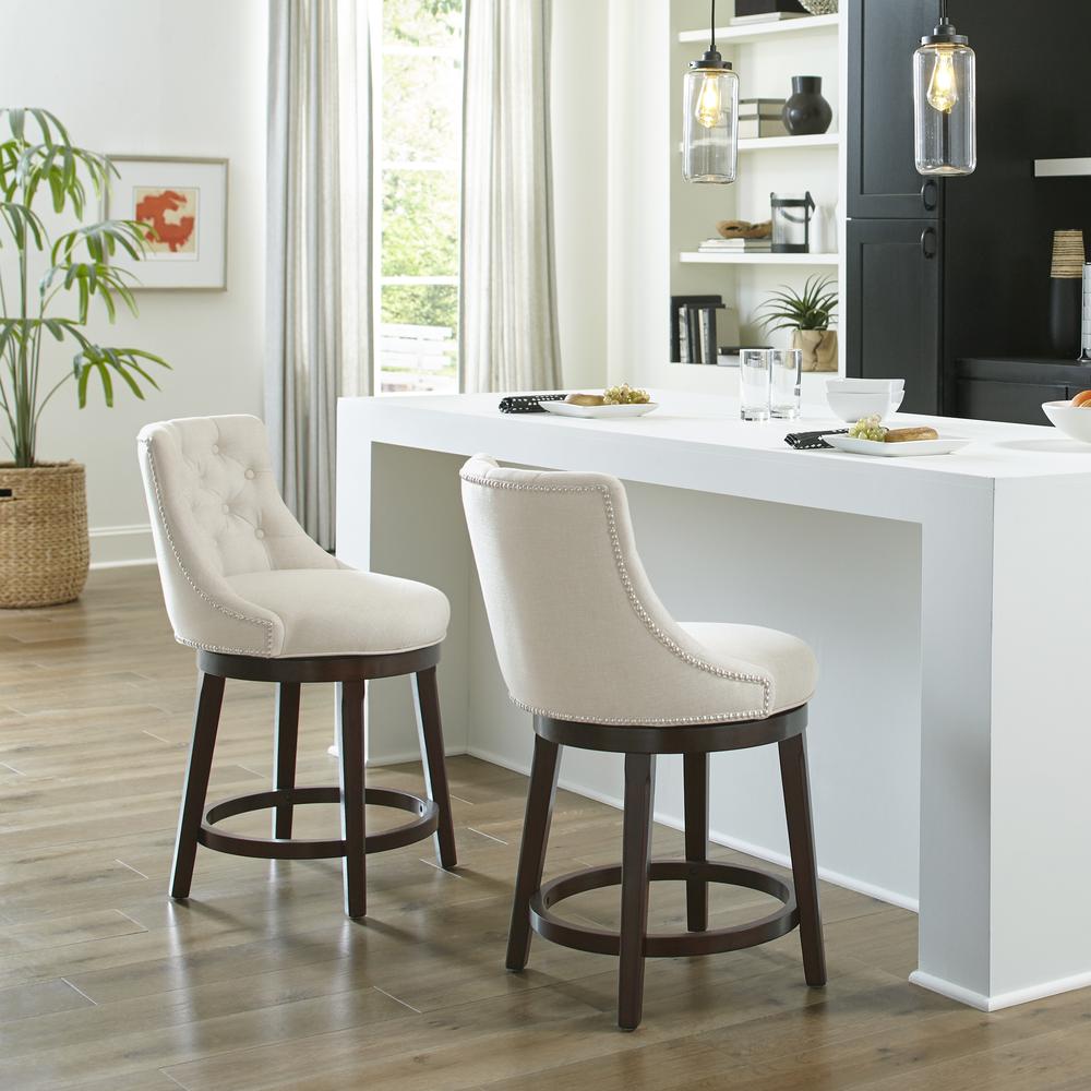 Halbrooke Wood Counter Height Swivel Stool, Cream Fabric. Picture 2