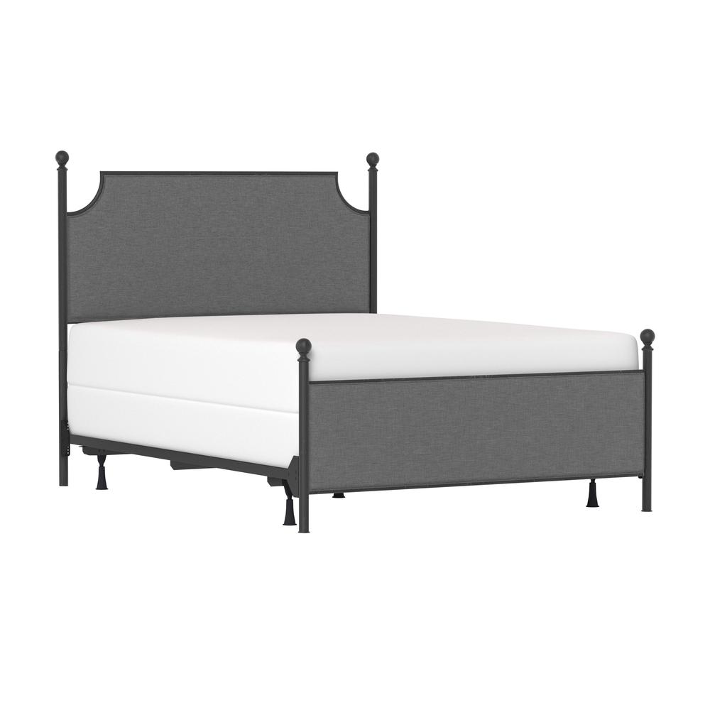 Queen Metal and Upholstered Bed without Frame, Matte Black with Gray Fabric. Picture 1