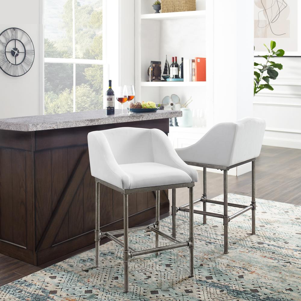 Dillon Metal Counter Height Stool, Textured Silver with White Fabric. Picture 2