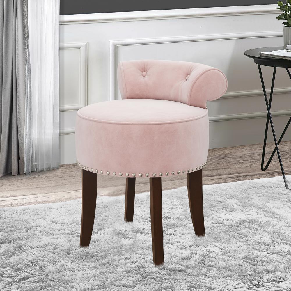 Lena Wood and Upholstered Vanity Stool, Espresso with Pink Fabric. Picture 3