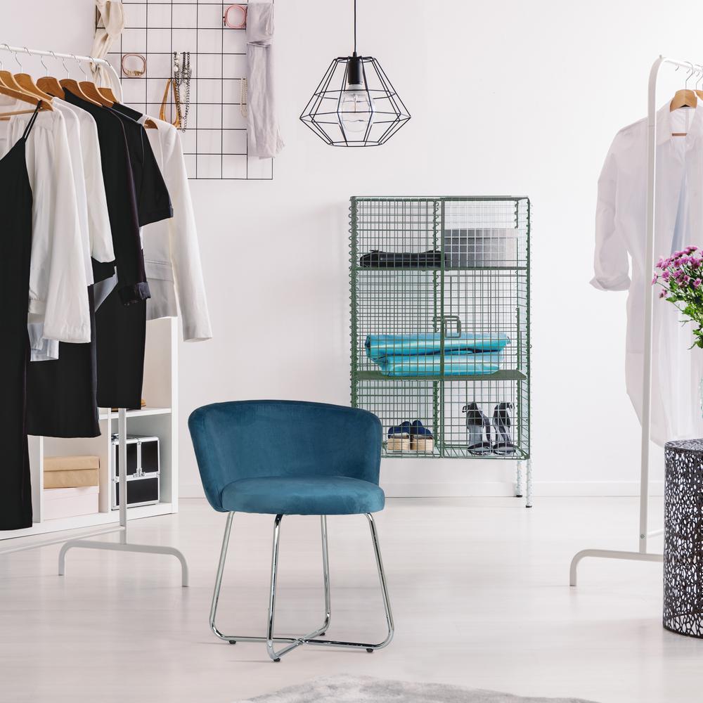 Marisol Metal Vanity Stool, Chrome with Blue Fabric. Picture 4