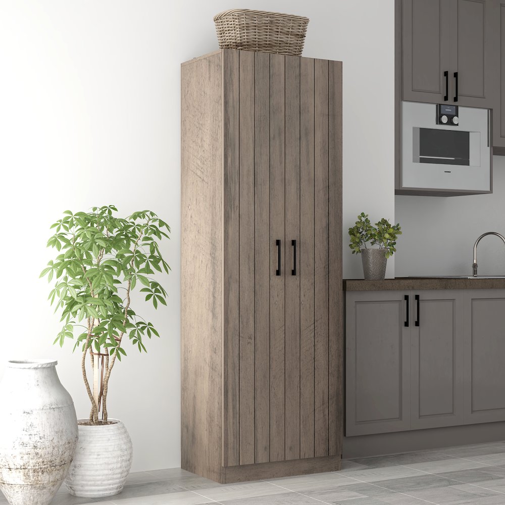 Small Wood Kitchen Pantry with 2 Doors and 4 Shelves, Gray Oak. Picture 2