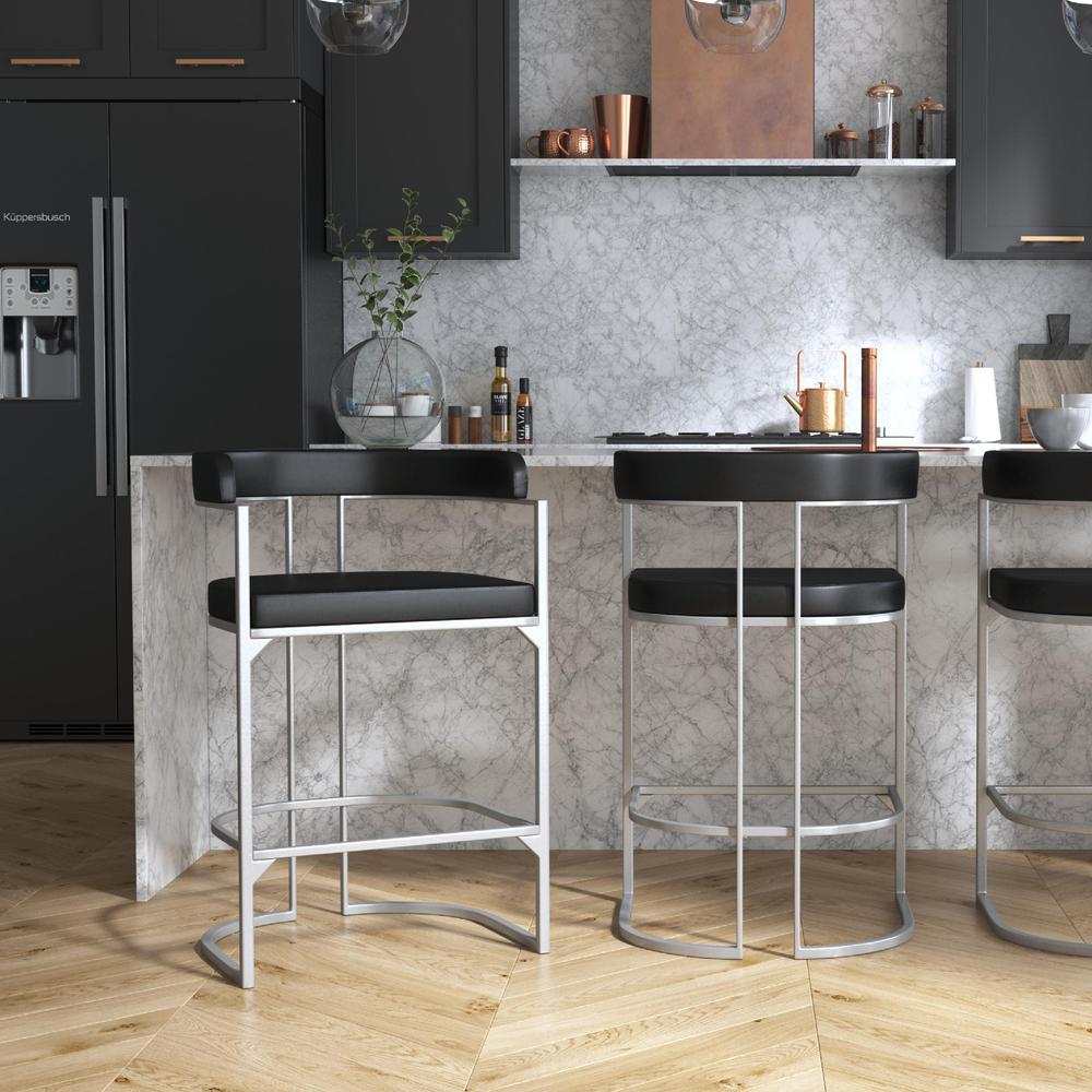 Half Moon Shape Metal and Upholstered Back Counter Height Stool, Silver. Picture 4