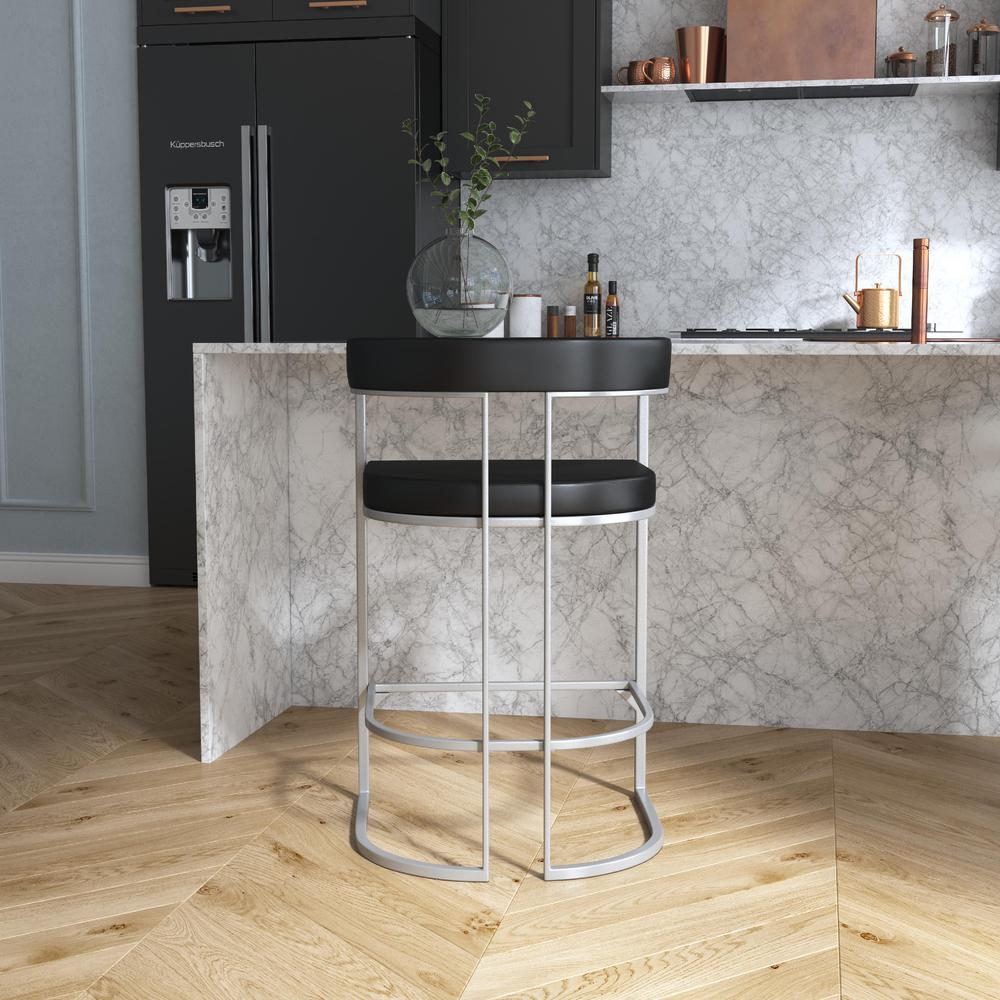 Half Moon Shape Metal and Upholstered Back Counter Height Stool, Silver. Picture 3
