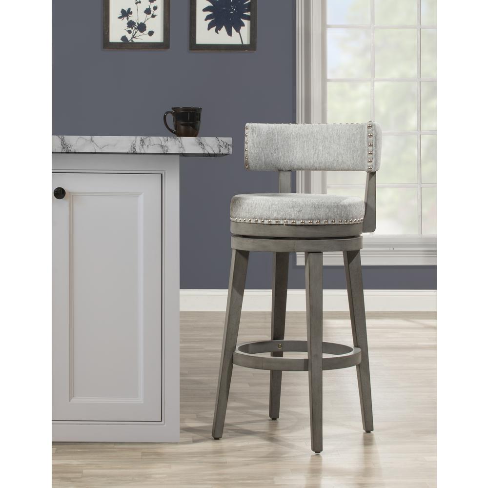 Lawton Wood Bar Height Swivel Stool, Antique Gray with Ash Gray Fabric. Picture 2