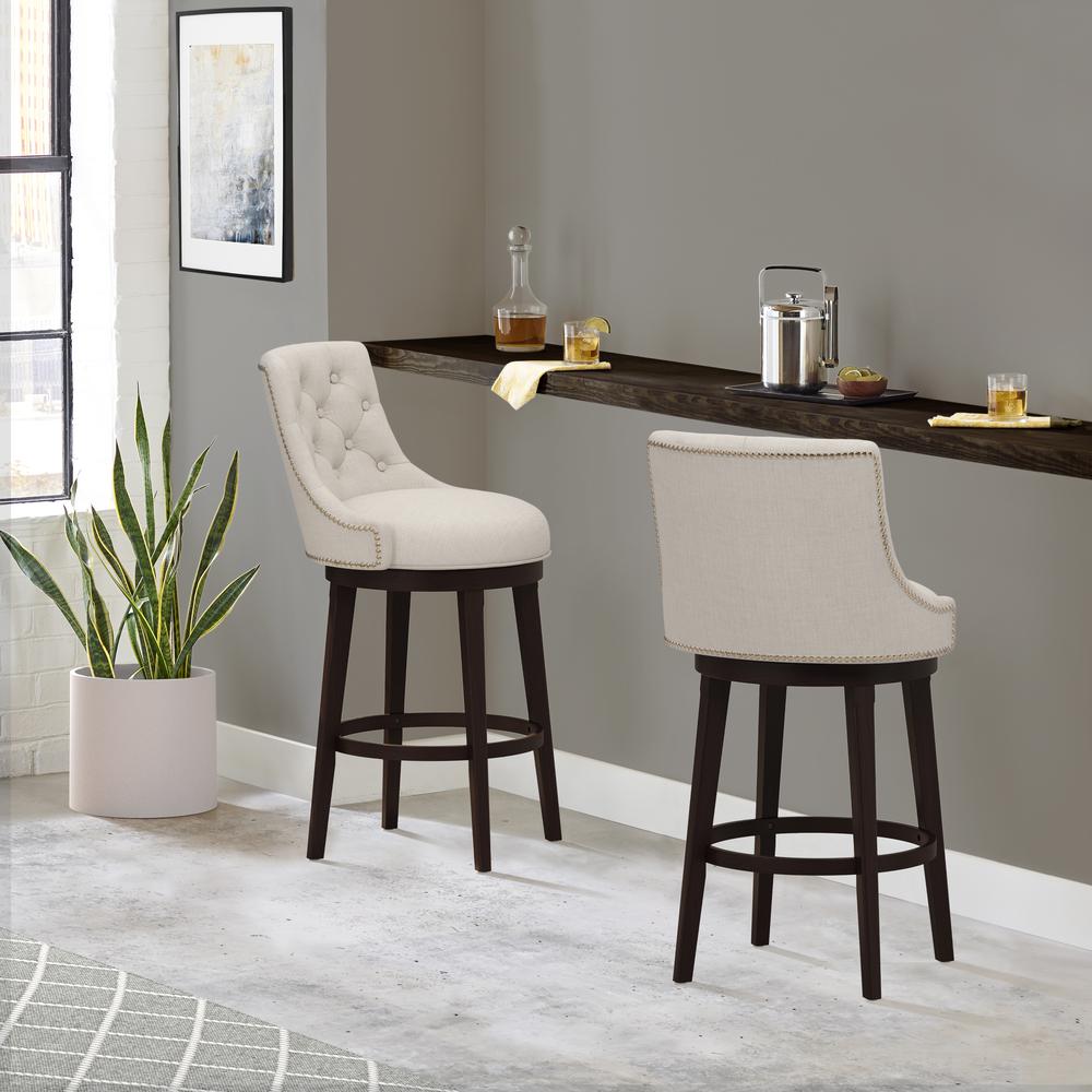 Halbrooke Wood Bar Height Swivel Stool, Cream Fabric. Picture 9