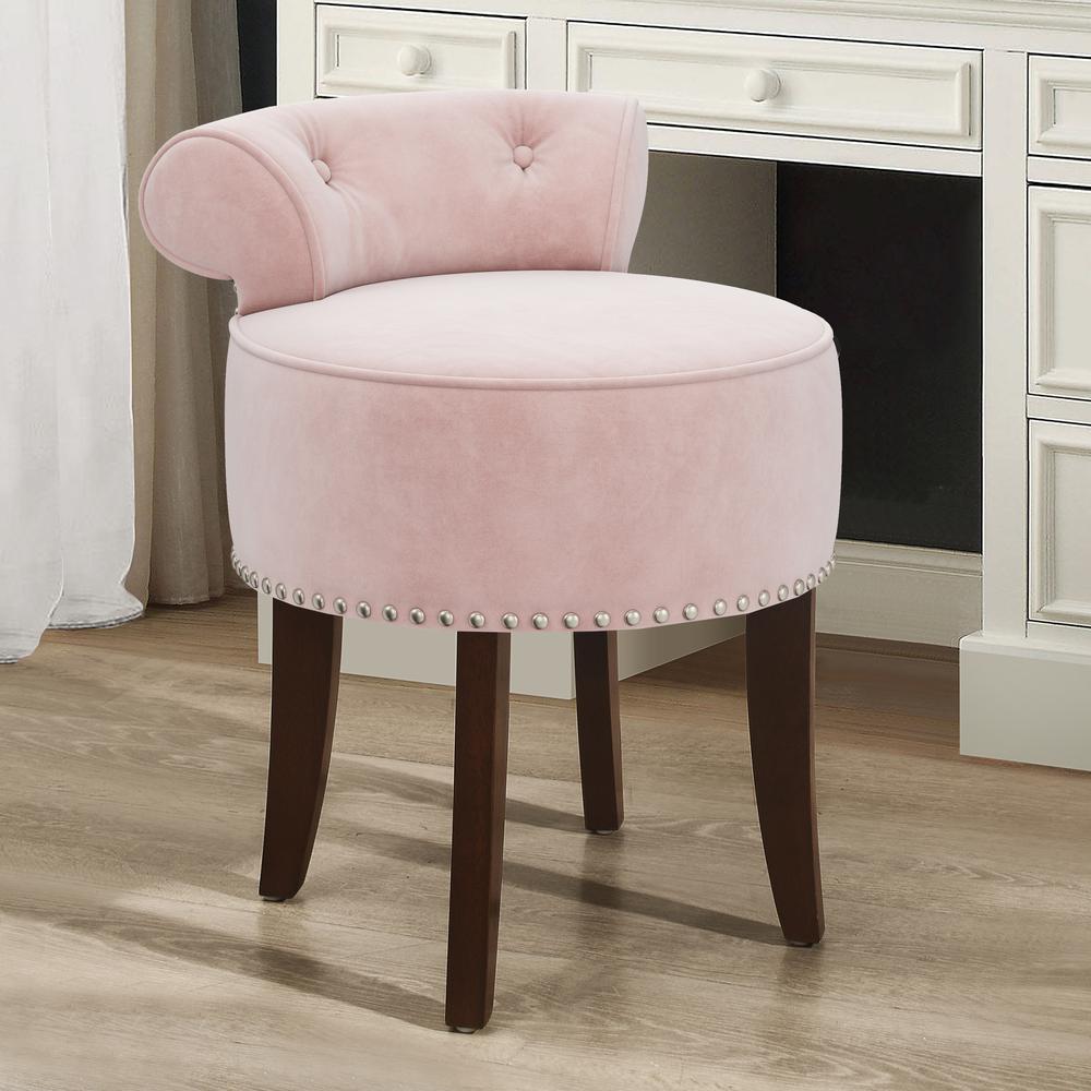 Lena Wood and Upholstered Vanity Stool, Espresso with Pink Fabric. Picture 2