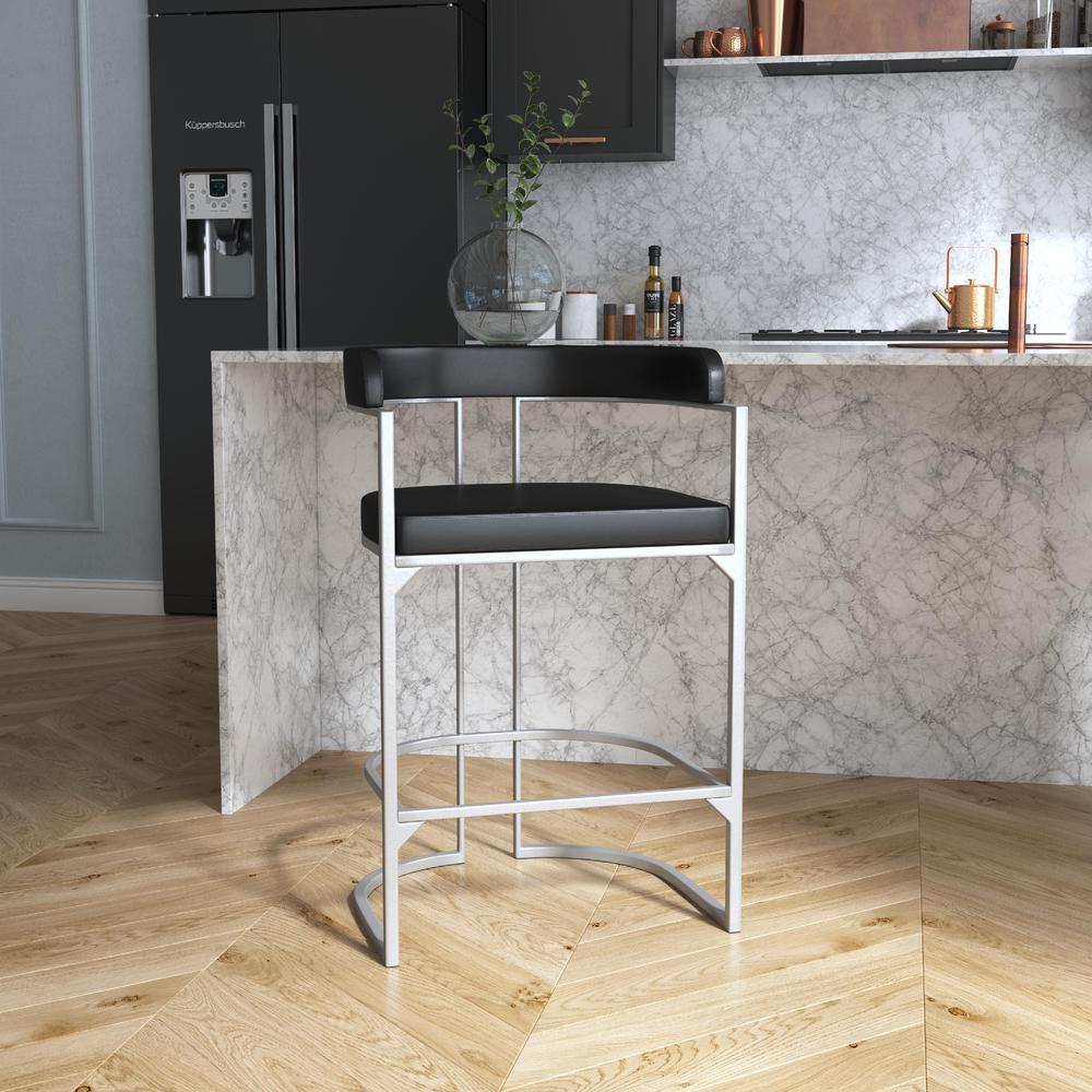 Half Moon Shape Metal and Upholstered Back Counter Height Stool, Silver. Picture 2