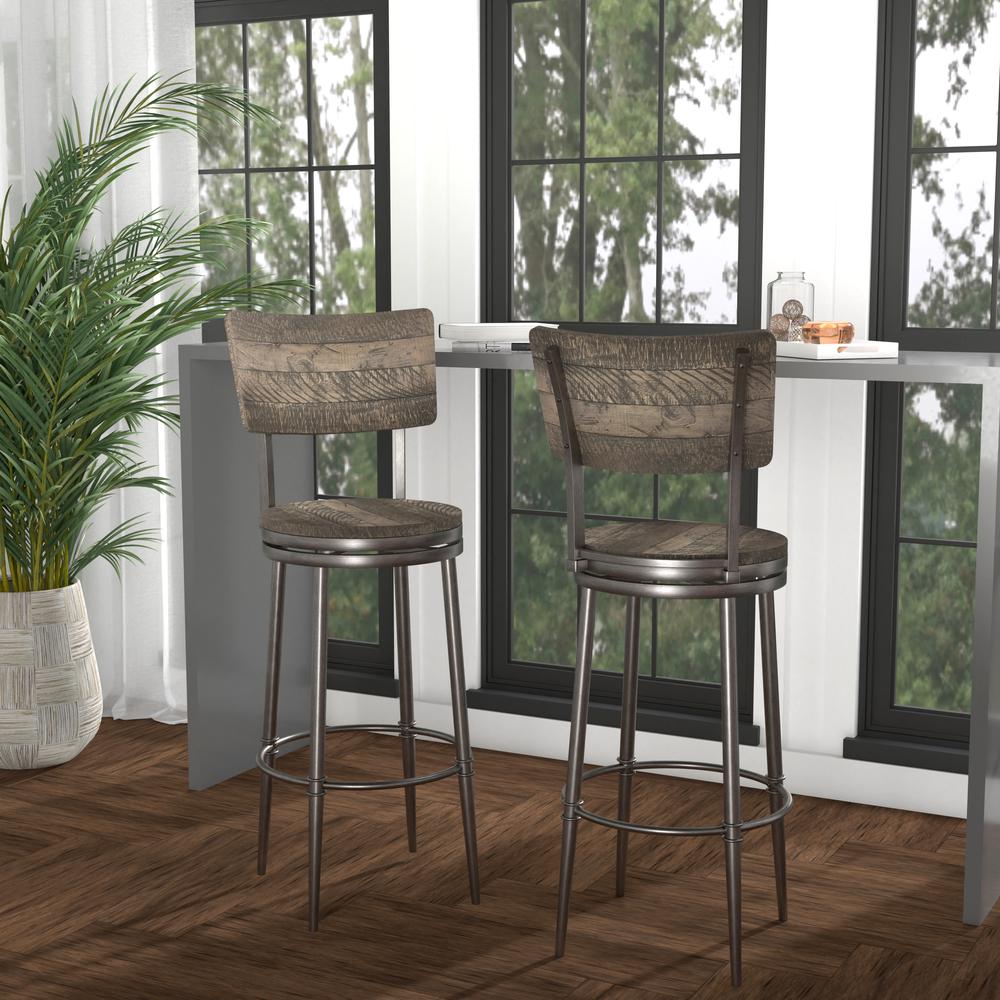 Wood and Metal Bar Height Swivel Stool, Rubbed Pewter Metal. Picture 4