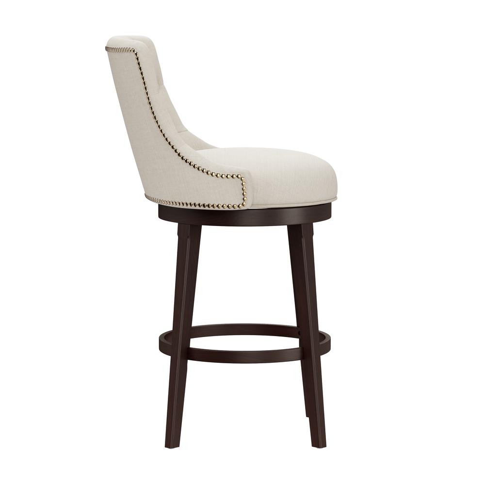Halbrooke Wood Bar Height Swivel Stool, Cream Fabric. Picture 3