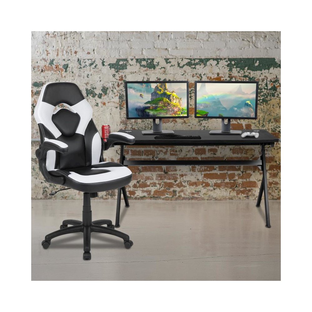 Gaming Desk and White/Black Racing Chair Set /Cup Holder/Headphone Hook/Removable Mouse Pad Top - 2 Wire Management Holes. Picture 2