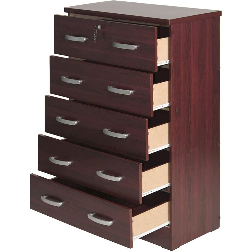 Better Home Products Cindy 5 Drawer Chest Wooden Dresser with Lock in Mahogany. Picture 5
