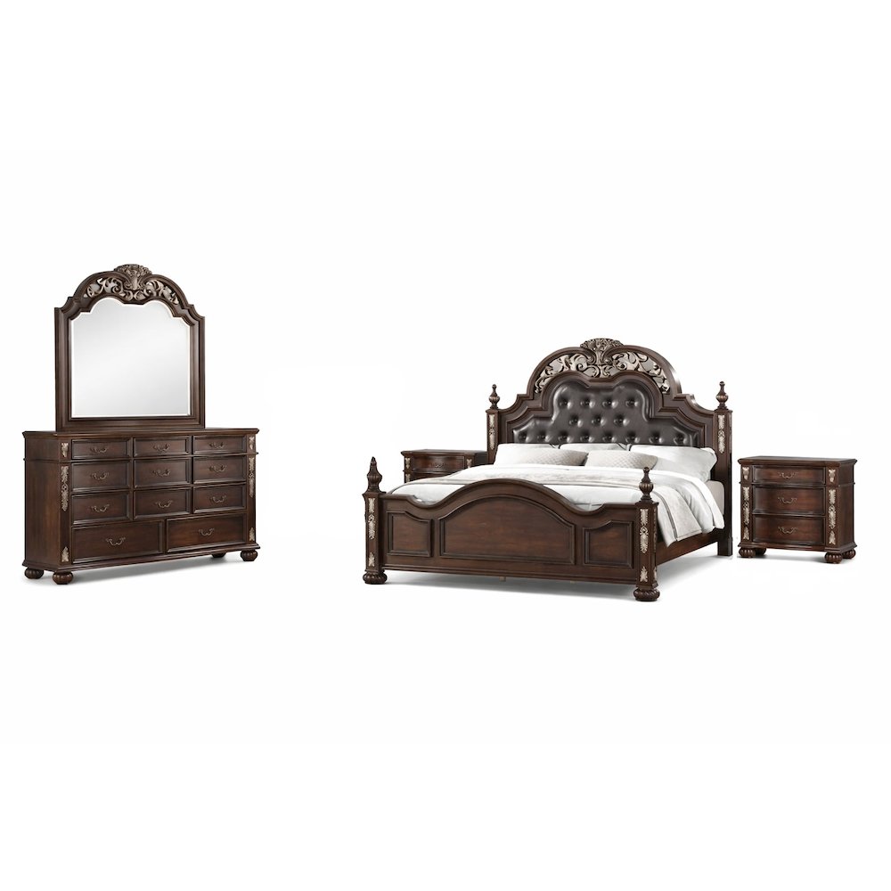 Maximus 5-PC Cal King Wood 2-Nightstand Bedroom Set in Madeira Brown. Picture 1