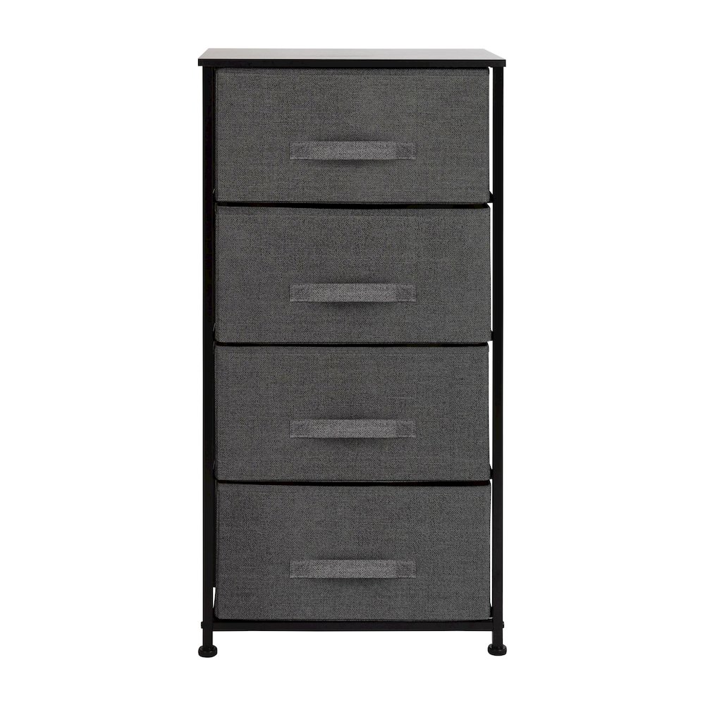 4 Drawer Wood Top Black Cast Iron Frame Vertical Storage Dresser with Dark Gray Easy Pull Fabric Drawers. Picture 1