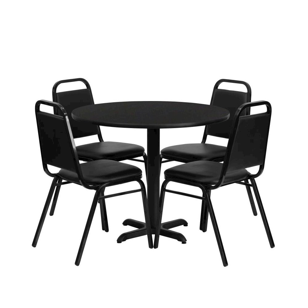 36'' Black Table Set with X-Base and 4 Black Trapezoidal Back Banquet Chairs. Picture 1