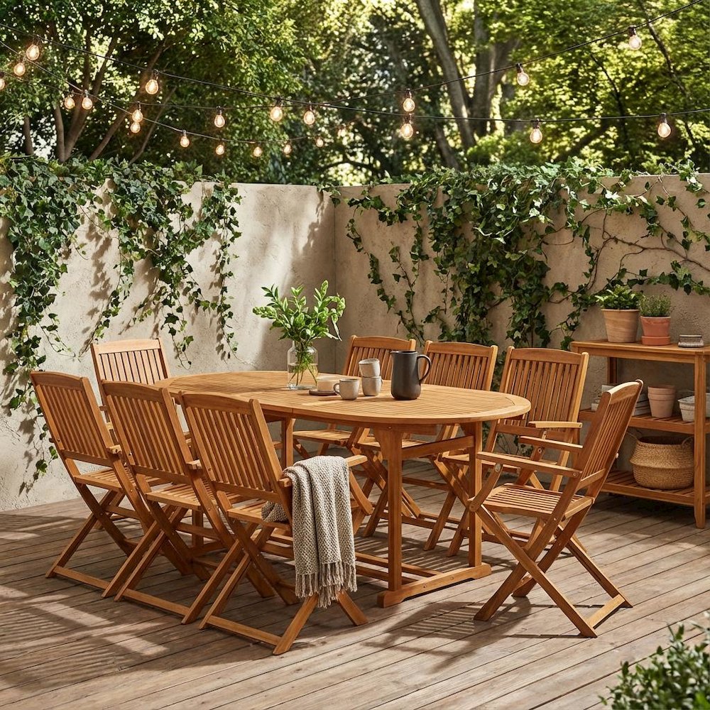 Wooden Patio Set Oil Finish Durable Outdoor Dining Table with 8 Chairs. Picture 2