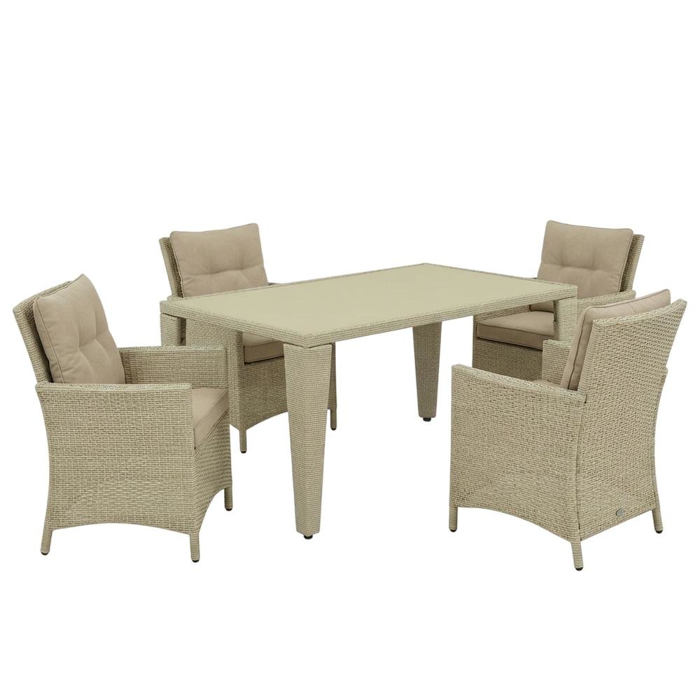 Neutral Linen Wicker Patio Set with Dining Table and 4 Outdoor Chairs. Picture 1