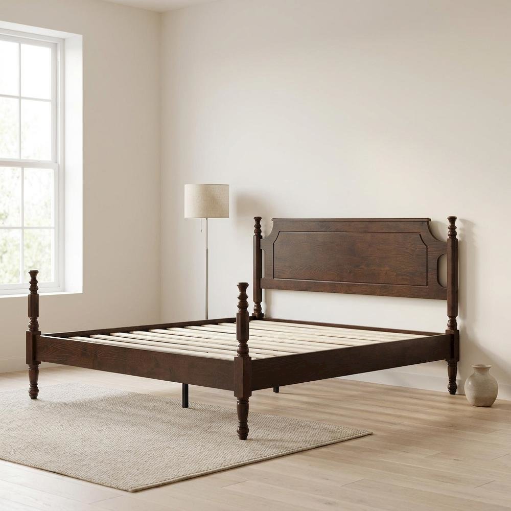 King Solid Wood Platform Bed with Headboard, Traditional, Dark Roast Oak, King. Picture 3