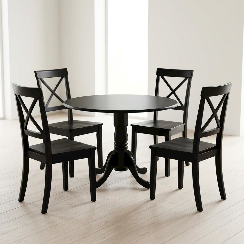 Wood Round Kitchen Table & Chairs 5-Piece Set, Pedestal Base, Black. Picture 3