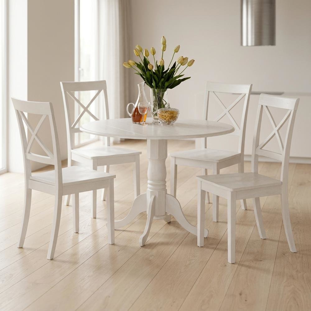 Solid Wood Round Kitchen Table 5-Piece, Drop Leaf, 4 Chairs, Linen White. Picture 3