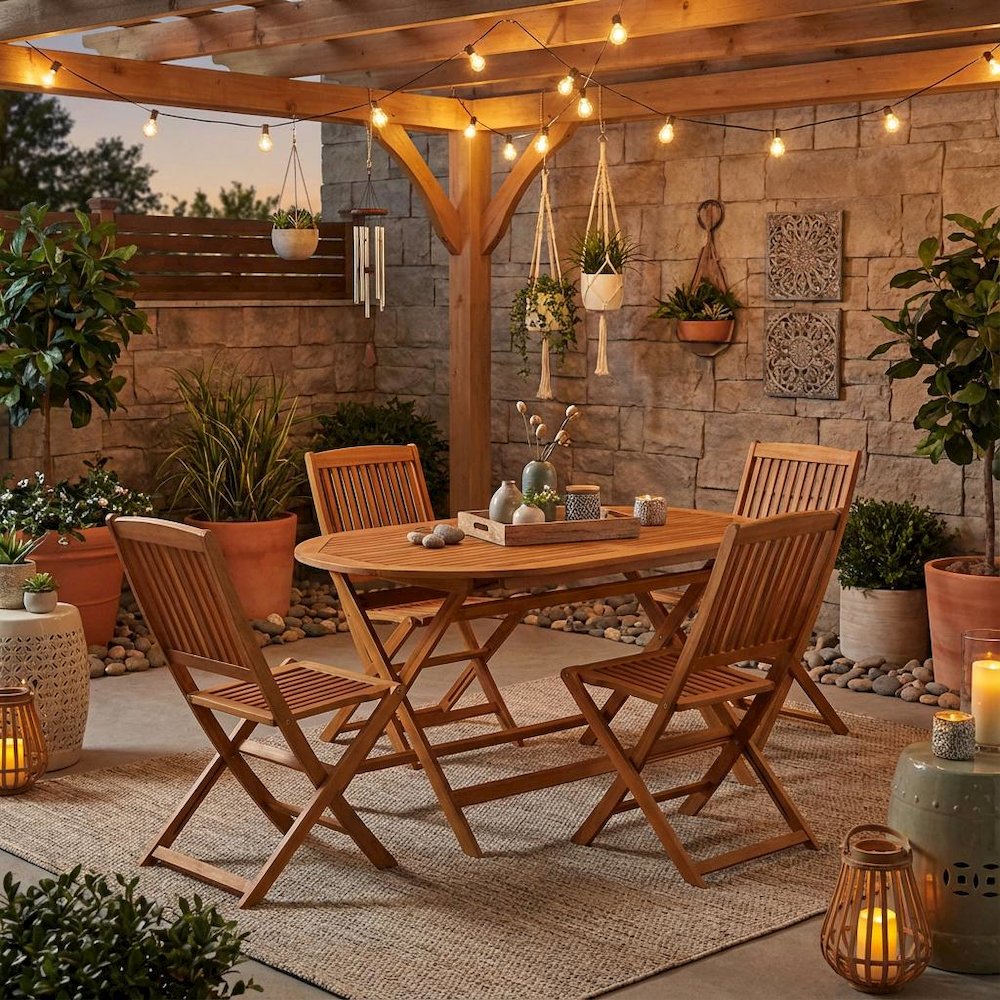 Wooden Patio Set Oil-Finished Dining Table and 4 Outdoor Chairs. Picture 3