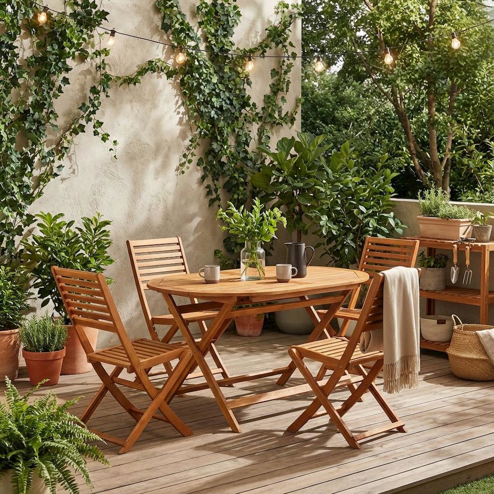 Oil-Finish Wooden Patio Dining Table Set with 4 Outdoor Chairs. Picture 2