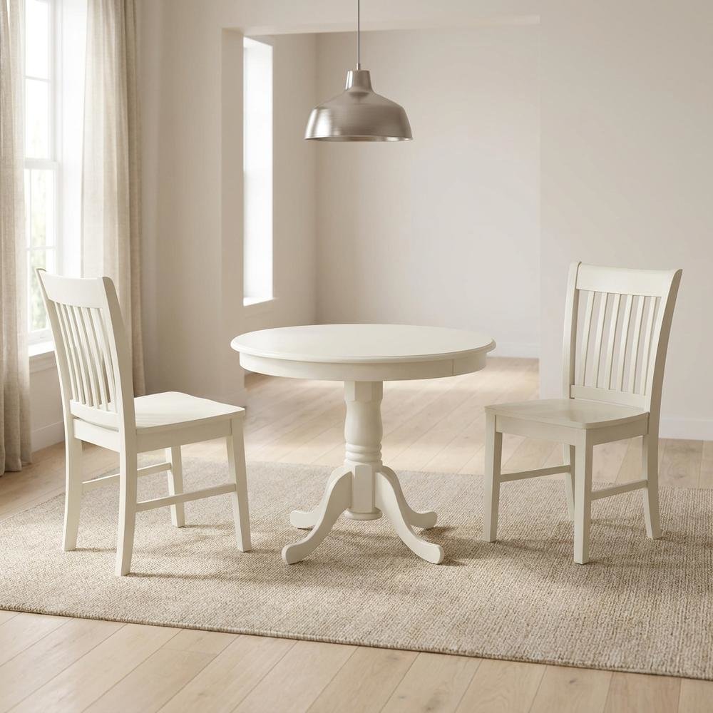 Round Kitchen Table & Chairs, Wood 3-Piece Set, Small Space, Linen White. Picture 3