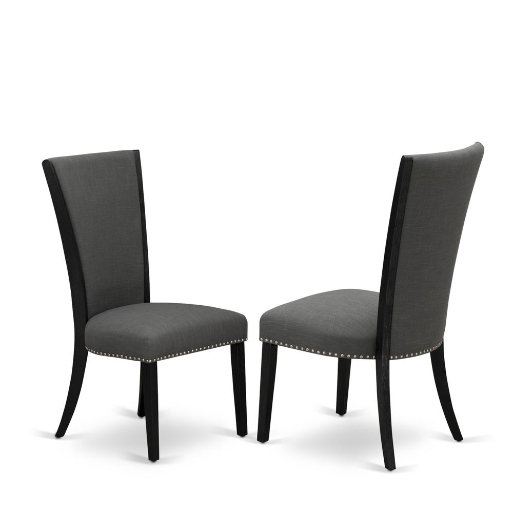 East West Furniture X676VE650-6 6 Piece Kitchen Table Set - 4 Dark Gotham Grey Linen Fabric Dining Chair with Nailheads and Distressed Jacobean Mid Century Dining Table - 1 Wood Bench - Black Finish. Picture 3